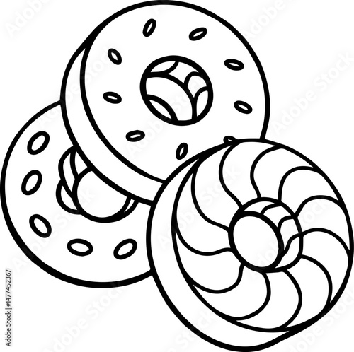candy donuts outline vector illustration, line art