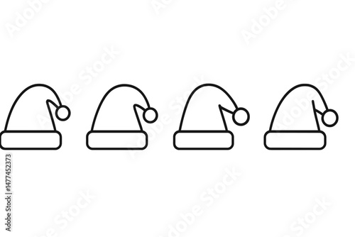 Vector icon featuring a series of four simple Christmas hats with pom-poms designed for festive decorations