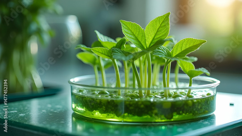 Scientific Petri Dish Containing Specialized Growth Medium Where Genetically Enhanced Food Crops Develop First Nutrient-Rich Leaves with Optimized Vitamin Content