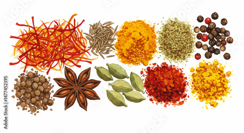 Vibrant Ras El Hanout Mix Components Are Meticulously Painted In Watercolor Showcasing A Blend Of Textures And Colors That Highlights The Diverse Flavors Of The Spice Blend Used Worldwide