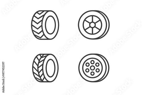 Collection of four vector icons depicting various tire designs for automotive applications and illustrations