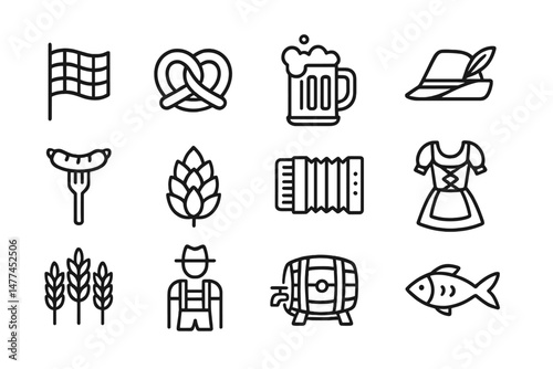 Vector icon set featuring traditional festival symbols including beer, pretzels, and traditional attire