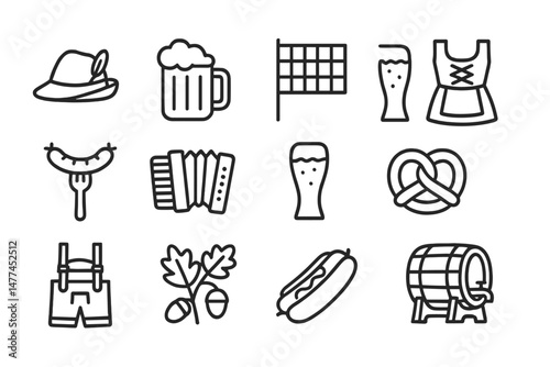 Oktoberfest themed vector icons depicting traditional German food, drinks, and attire for a festive celebration
