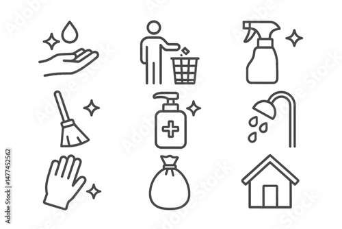 Vector icon collection representing sanitation, cleanliness, and home care activities for efficient living