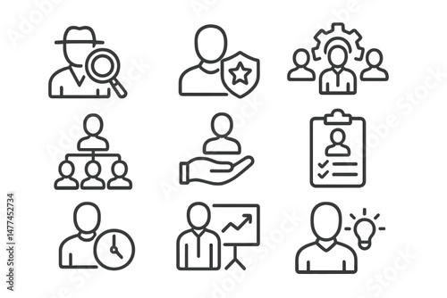 Vector icon collection depicting team management, support, and strategy development activities for business professionals