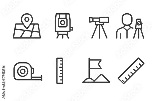 Vector icons representing surveying tools and activities for land measurement and mapping projects