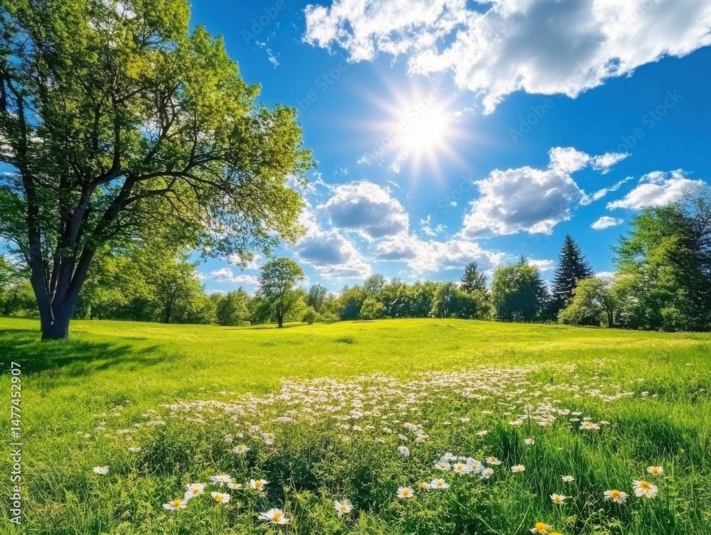 Obraz premium Sunny Meadow Landscape with Daisies and Trees on a Bright Day Wide Angle Scenic View in Summer