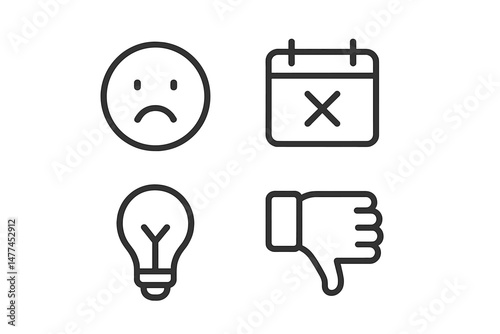 Icon set representing emotions and concepts, including sadness, cancellation, ideas, and negative feedback in a minimalist design