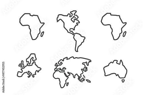 Vector icons representing different continents and regions of the world in a minimalist outline style suitable for various design projects