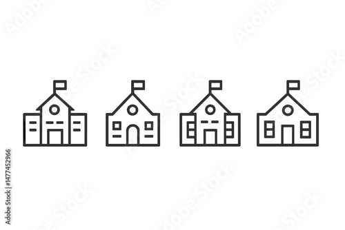 Simple vector icon designs representing various school buildings with flags for educational themes and digital applications