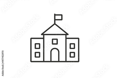 Vector icon of a simple building with a flag on top, representing education or government concepts, suitable for various designs