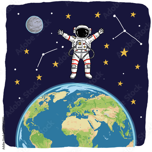 Astronaut floating in space with arms outstretched above Earth  