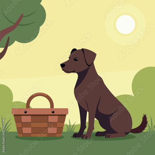 Brown dog sitting beside basket in sunny park setting  