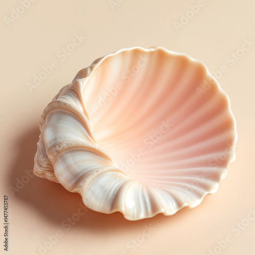 A delicate seashell, showcasing a soft, pearly hue and intricate spiral design, evokes the serene beauty of the ocean.