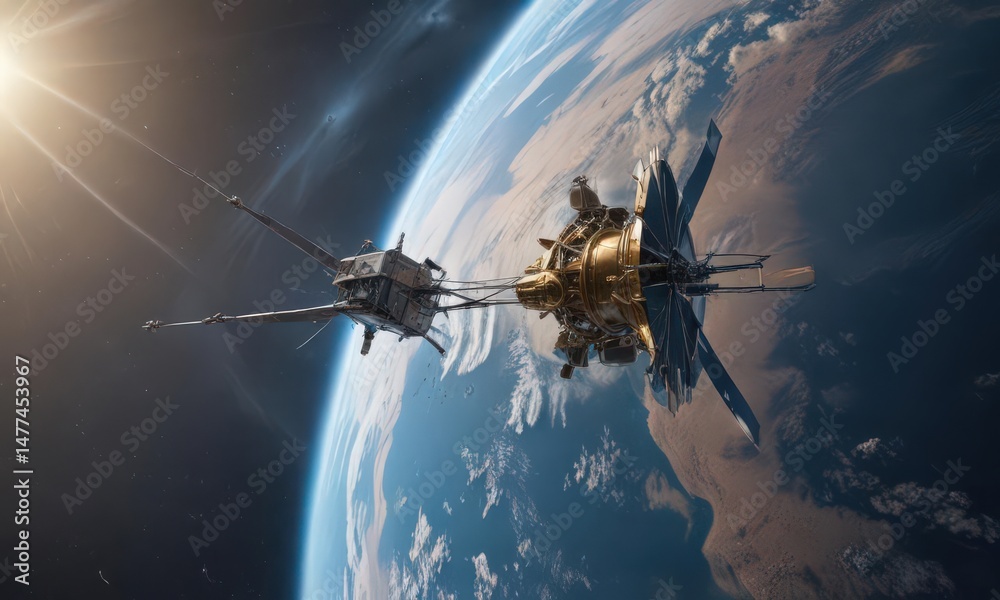 Naklejka premium High-tech satellite orbiting Earth, internet antenna deployed , digital, global, cosmic