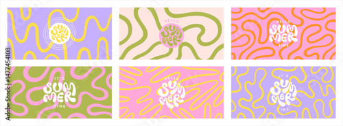 Funky groovy maze 1:2 colorful backgrounds set. Hello it's summer time hand lettering. Hippie doodle half page banners collection. Uneven hand drawn twisted deformed fluid uneven organic bold lines.