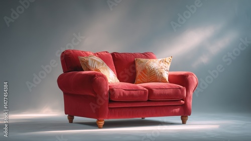 Cozy red sofa display home living room furniture indoor front view modern style for comfort and aesthetics