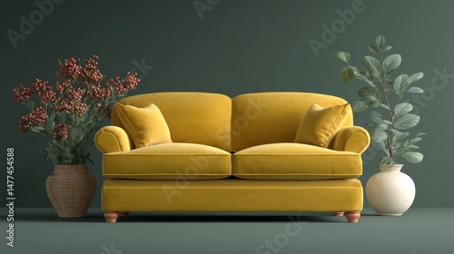 Cozy yellow sofa in minimalist living room with green background decorative plants modern home decor stylish environment