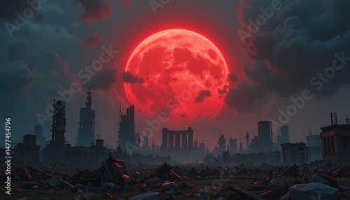 Red Glowing Sky Above Radioactive City Ruins After Nuclear Disaster Apocalyptic Atmospheric Scene of Fallout and Environmental Collapse