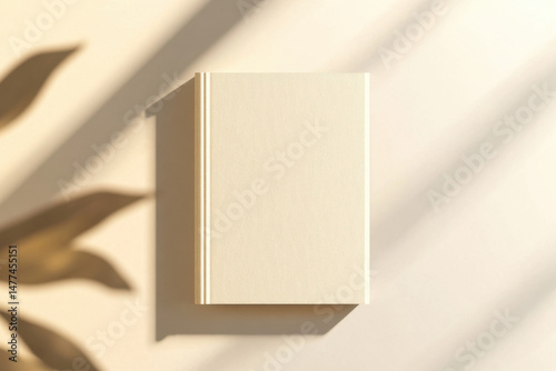 Minimalist hardcover book mockup with plant shadow on beige background