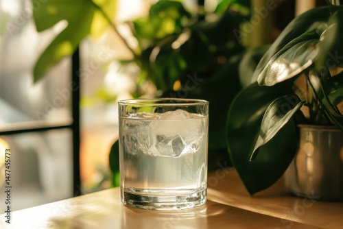 Refreshing ice water with lush green plants creating a tranquil atmosphere