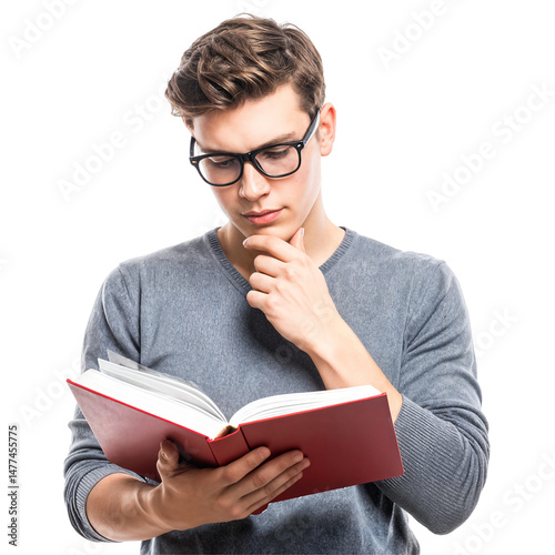 Young man reading a book wearing glasses indoors