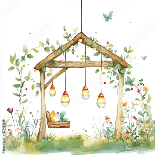 Cute cartoon watercolor A dreamy garden with hanging lantern