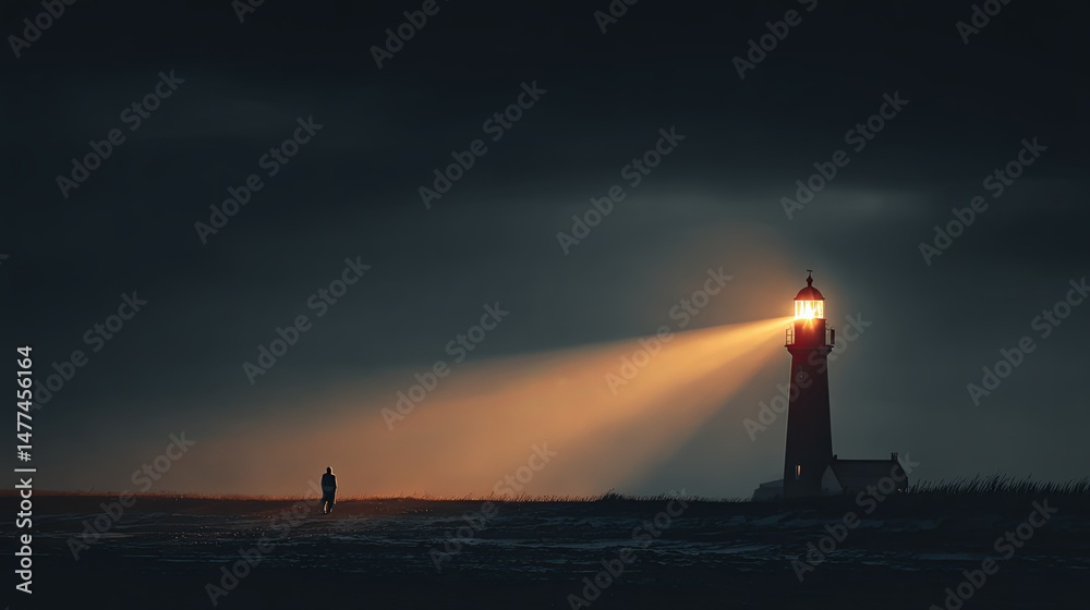 Fototapeta premium Serene Scene of Person Standing in Front of Majestic Lighthouse