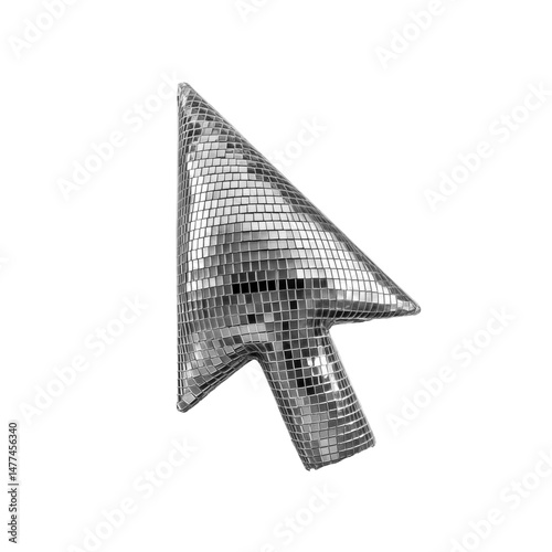 Disco Ball arrow on Transparent Background. Reflective metallic surface with mirrored tiles creates a shimmering, geometric look, reflecting light in a festive, stylish way