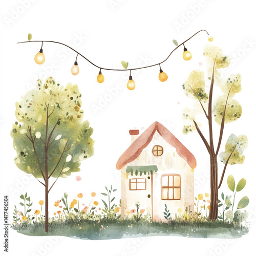 Cute cartoon watercolor A dreamy garden with hanging lantern
