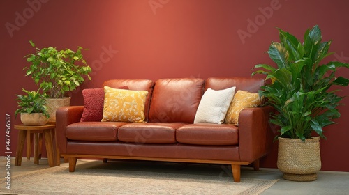 Cozy living room setup with leather sofa and indoor plants modern home decor warm environment stylish viewpoint