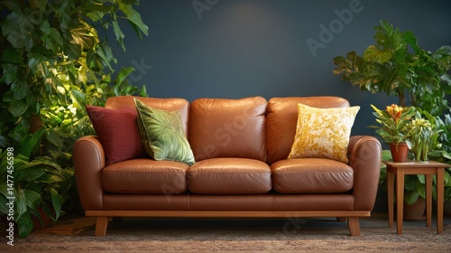 Cozy living room setup with leather sofa and greenery home interior photography welcoming atmosphere eye-level view