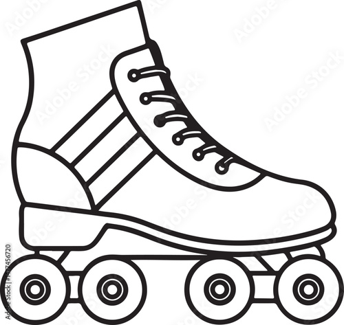 Retro roller skate vector illustration in black and white line style, ideal for sports graphics, fun activities, and vintage design themes