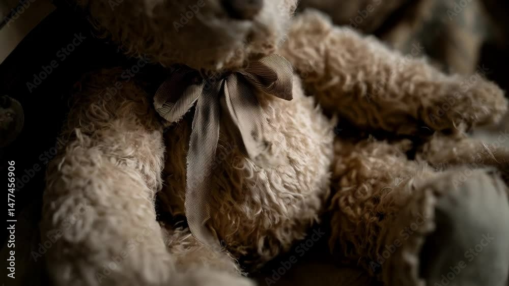 Antique tan teddy bear with bow tie sitting on vintage papers in dark lighting, evoking nostalgia and childhood memories, a classic plush animal toy.