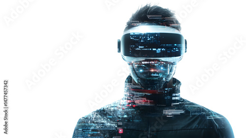 Futuristic Man in Mask on White Background, Wearing Futurist Technology