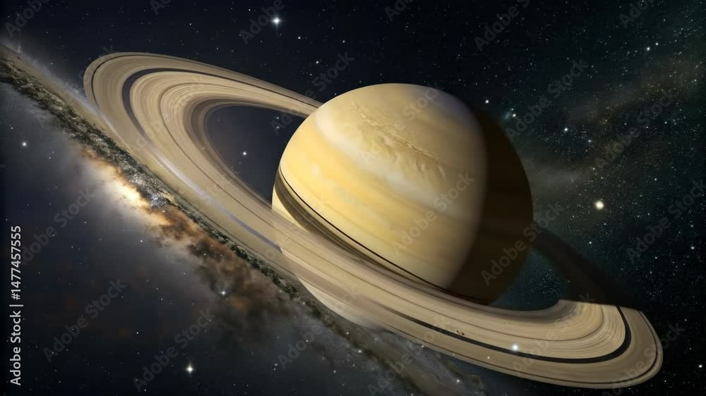 stunning view of Saturn and its iconic rings against a cosmic backdrop filled with stars, showcasing the planet’s breathtaking beauty, intricate ring system, and atmospheric patterns in high-resolutio