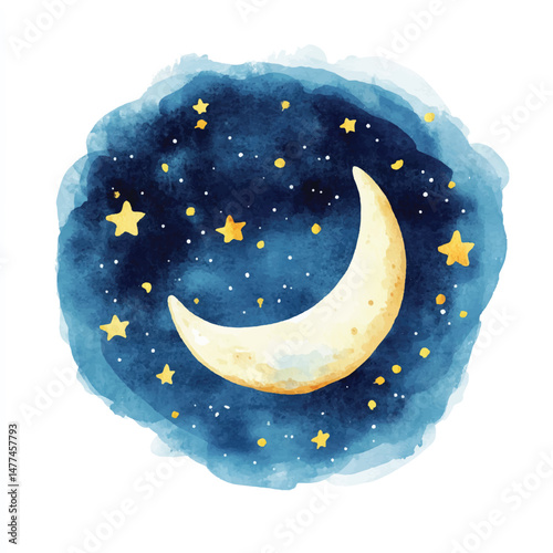 Cute cartoon watercolor A dreamy moonlit night with star