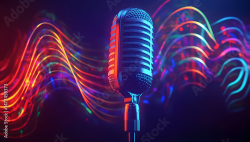 A vibrant microphone surrounded by colorful sound waves. Perfect representation of music, audio, and broadcasting themes.
