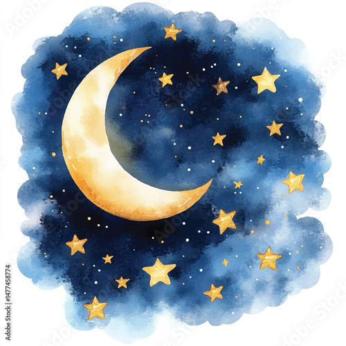 Cute cartoon watercolor A dreamy moonlit night with star