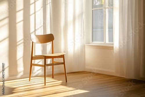 Wooden chair casting shadows in sunlit room with sheer curtains