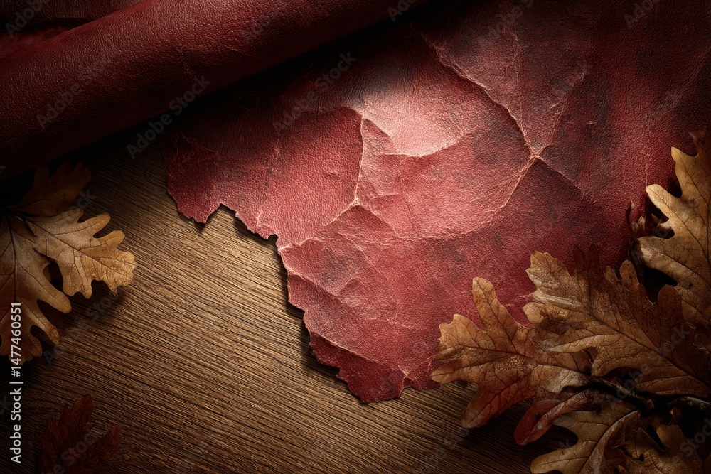 Obraz premium Aged crimson parchment and autumn leaves on wood.