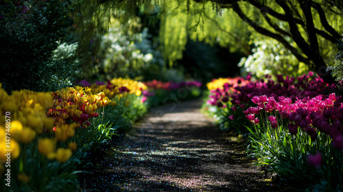 Sunny garden itinerary lined with colored spring flowers.