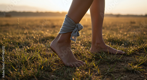 A man demonstrates how to tie a cloth around his leg to collect morning dew, Water collection drought