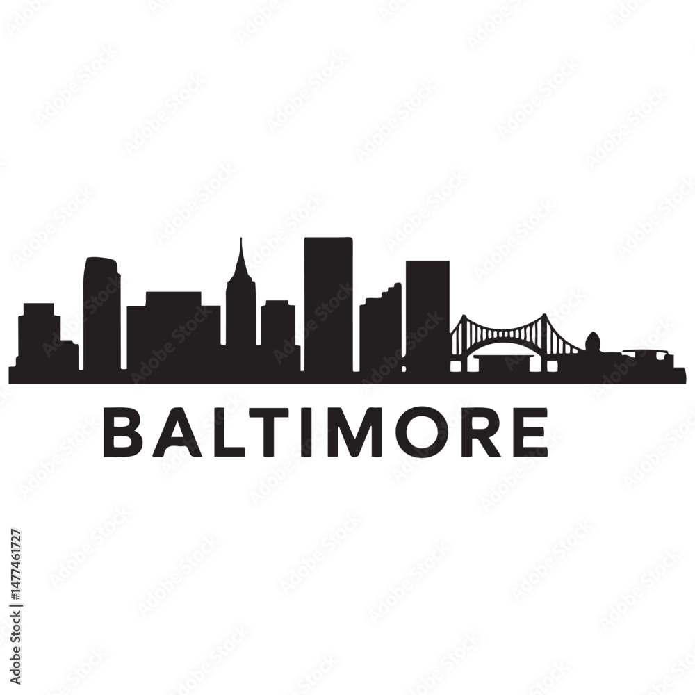 Obraz premium Vector Baltimore skyline. Travel Baltimore famous landmarks. Business and tourism concept for presentation, banner, website. Vector black silhouette. with white background