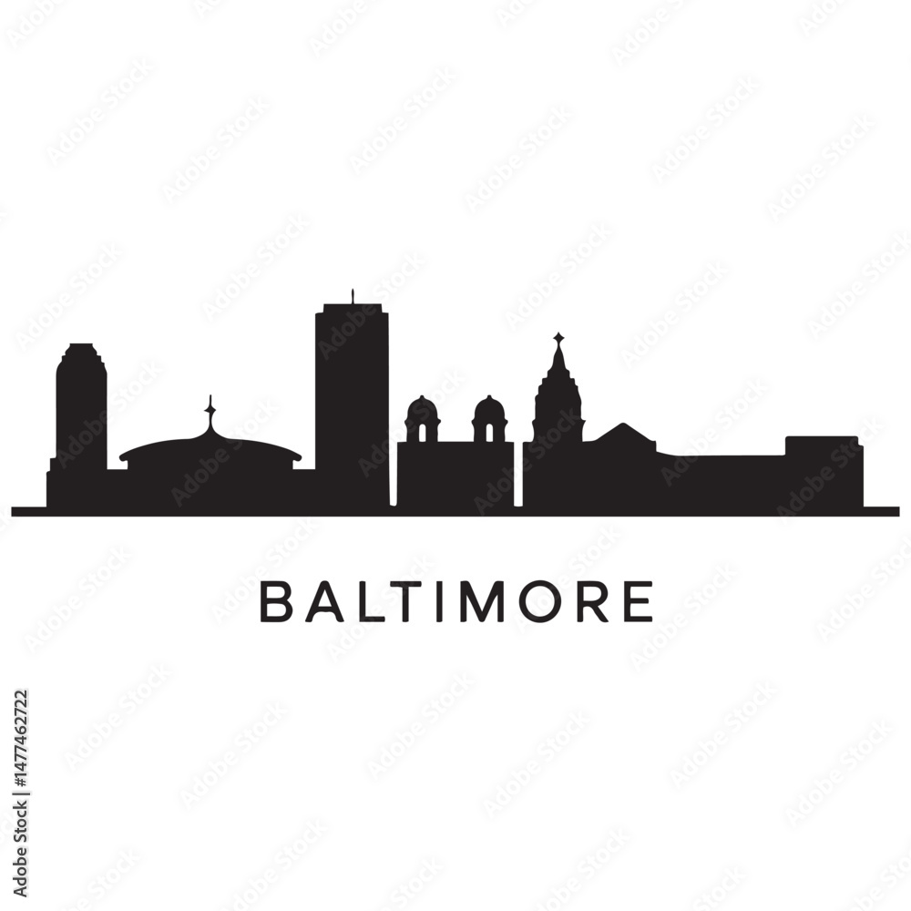 Naklejka premium Vector Baltimore skyline. Travel Baltimore famous landmarks. Business and tourism concept for presentation, banner, website. Vector black silhouette. with white background