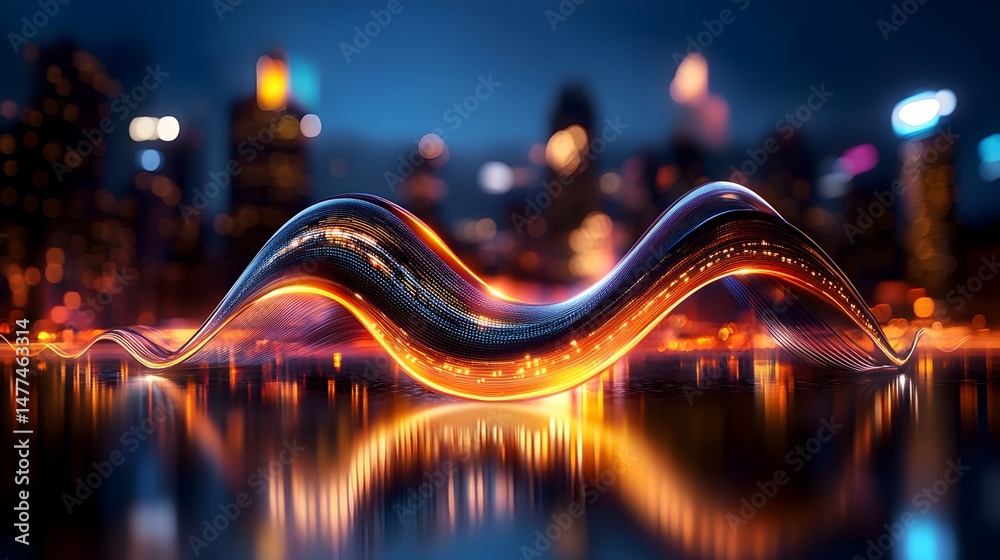 Fototapeta premium Vibrant Neon Cyberpunk Cityscape With Luminous Curves Reflecting Dynamic Energy at Night in a Futuristic Urban Environment
