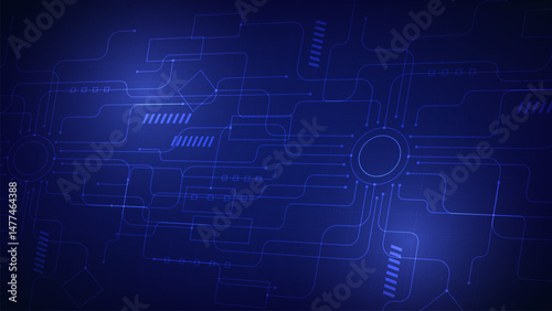 Abstract technology background with glowing flowchart lines, circuits, and data path nodes on a dark blue grid, ideal for AI, automation, and system visualization.