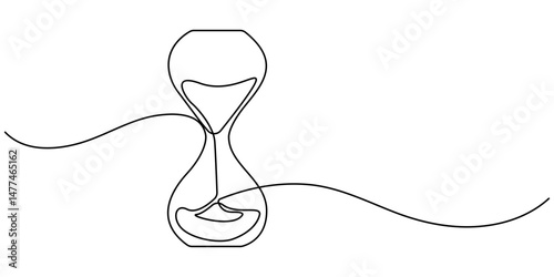 One continuous line drawing of sand hourglass. Vintage timer as Countdown concept. Doodle vector illustration. One line continuous hourglass . Isolated on white background.