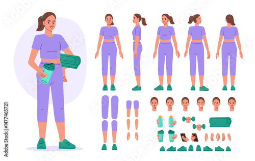Sporty girl wearing fitness clothes holding protein shaker. Character constructor for animation. Front, side and back view set. Body parts, postures, poses collection. Vector illustration.