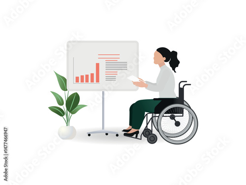 Businesswoman in wheelchair giving presentation with growing chart on whiteboard